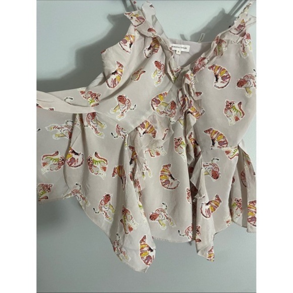 Rebecca Taylor Cami Top Silk Tiger Print Ruffle Size 4 Sleeveless Blouse - Picture 6 of 15